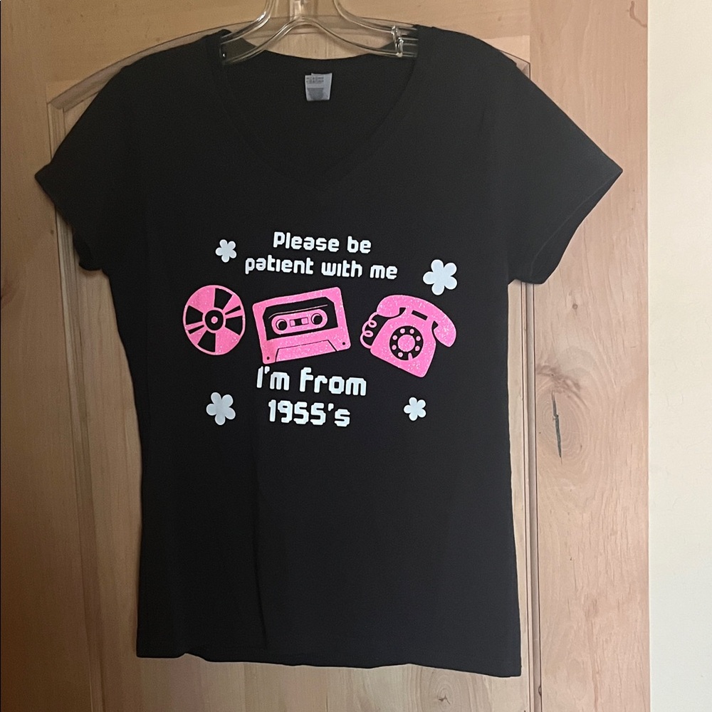 Gildan Black V-Neck Tee with Pink Retro Icons
